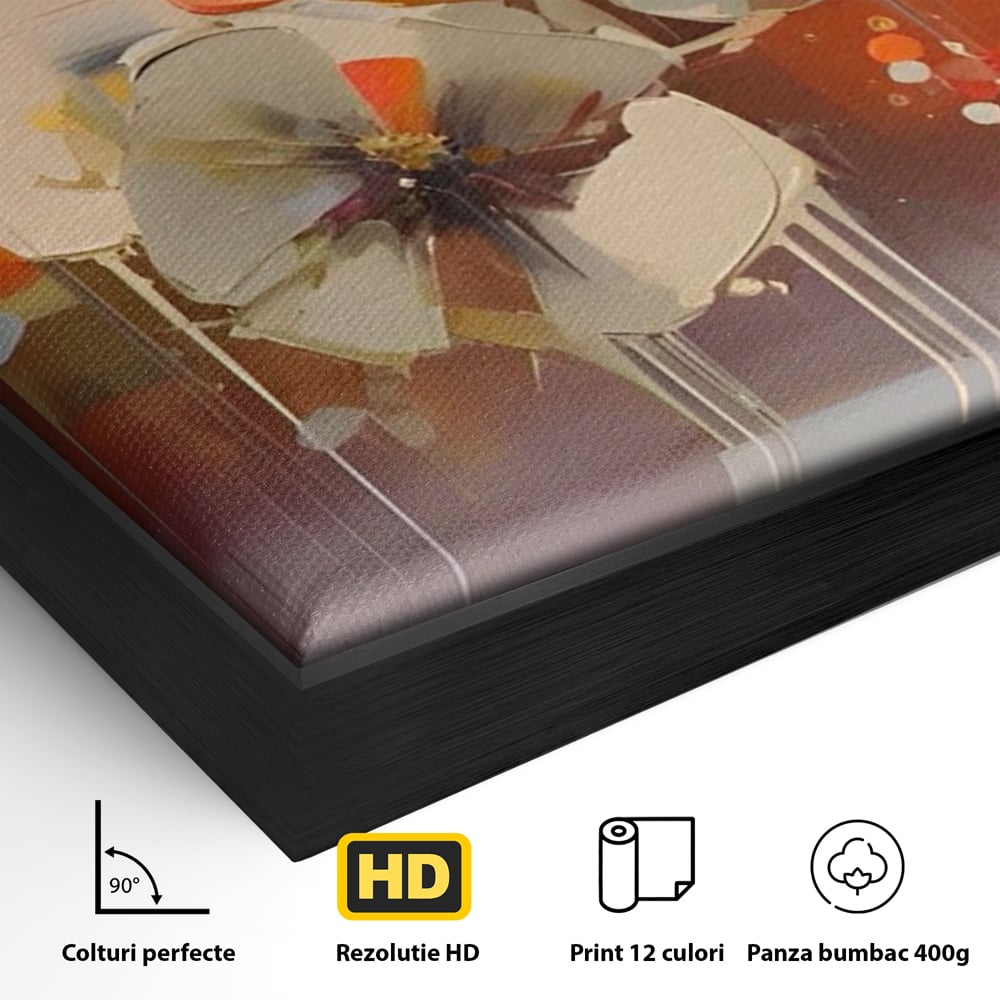 Detaliu al suprafetei: tablou canvas cu pictura florala abstracta, in rama de aluminiu negru
